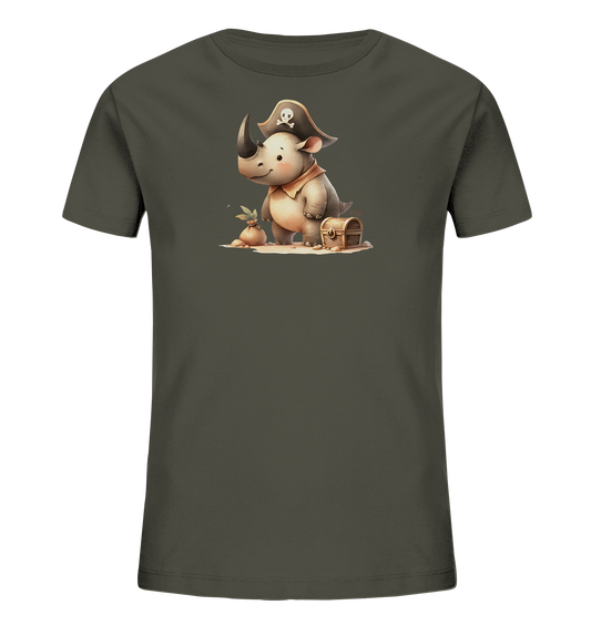 Onlineshop Shirts fuer Kinder - Das Bild zeigt ein dunkelgraues T-Shirt mit einem niedlichen Comic-Nashorn im Piratenkostuem auf der Vorderseite. Das Nashorn traegt einen Piratenhut mit Totenkopf und ein Halstuch und sitzt auf dem Boden. Neben ihm befinden sich ein kleiner Sack mit einer Pflanze und eine Holzschatztruhe. Das Motiv ist detailreich gezeichnet und vermittelt ein verspieltes Piratenthema.