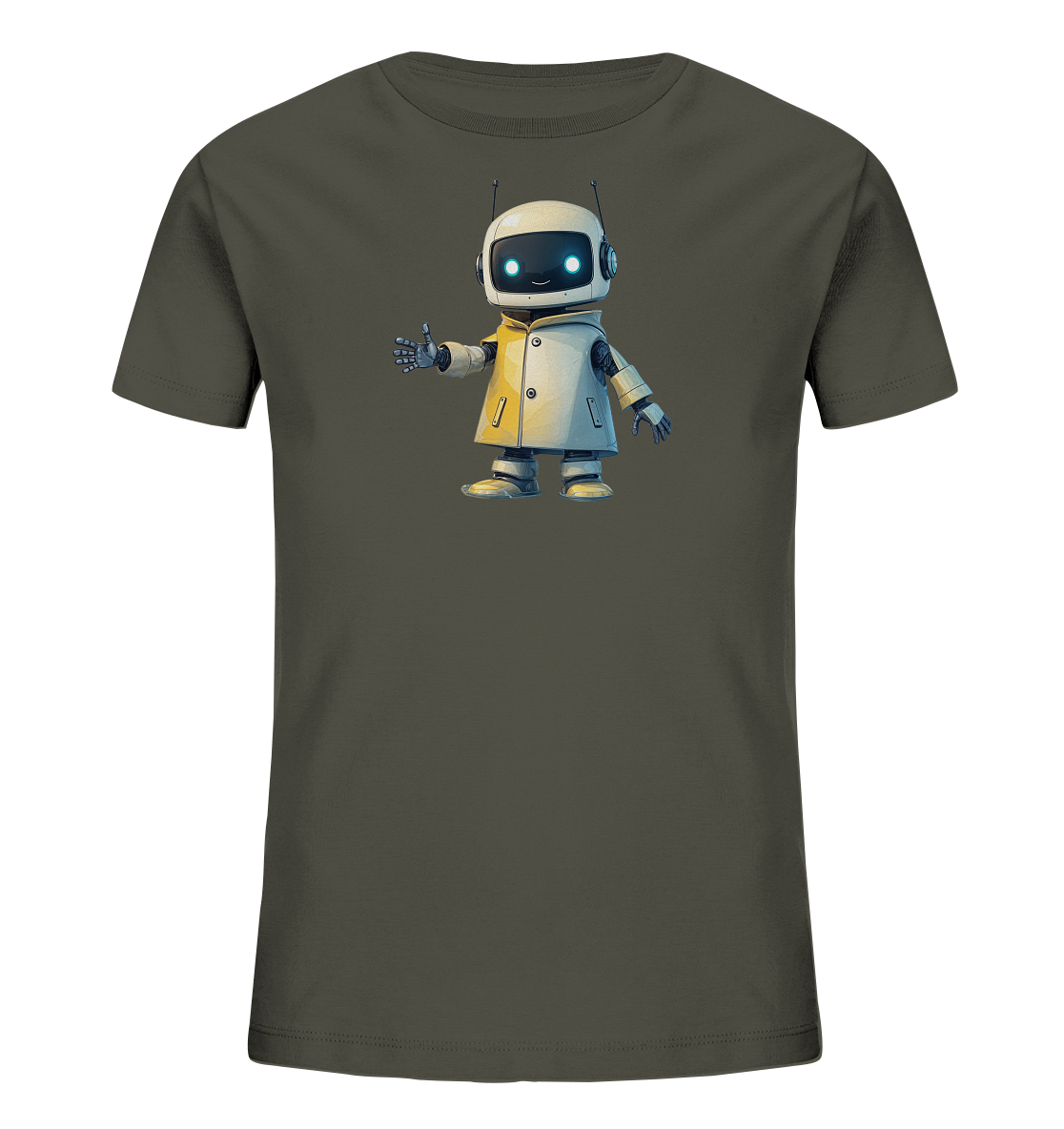 Onlineshop Shirts für Kinder - Das Bild zeigt ein schlichtes T-Shirt in einem dunklen Grau- oder Khakiton. Auf der Vorderseite ist eine detaillierte Illustration eines kleinen, freundlich aussehenden Roboters platziert. Der Roboter trägt einen hellen Mantel und Kopfhörer und zeigt mit der rechten Hand einen Daumen nach oben. Seine Augen leuchten blau und vermitteln einen neugierigen Ausdruck. Das Design ist modern und ansprechend für Kinder.
