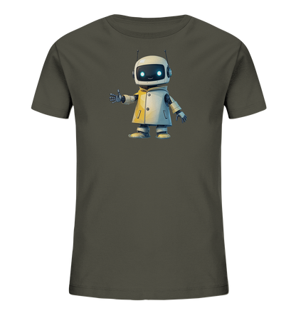 Onlineshop Shirts für Kinder - Das Bild zeigt ein schlichtes T-Shirt in einem dunklen Grau- oder Khakiton. Auf der Vorderseite ist eine detaillierte Illustration eines kleinen, freundlich aussehenden Roboters platziert. Der Roboter trägt einen hellen Mantel und Kopfhörer und zeigt mit der rechten Hand einen Daumen nach oben. Seine Augen leuchten blau und vermitteln einen neugierigen Ausdruck. Das Design ist modern und ansprechend für Kinder.