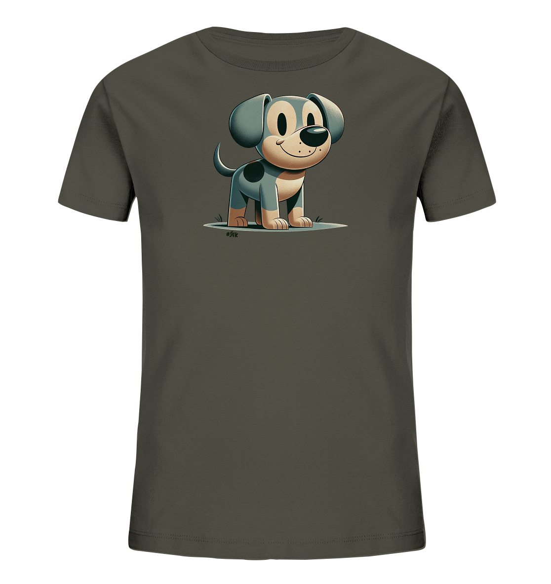 Onlineshop Shirts fuer Kinder - Das Bild zeigt ein Kindershirt in einem dunklen Olivton mit einer niedlichen Cartoon-Illustration eines Hundes. Der Hund ist grau und beige mit schwarzen Flecken und hat ein freundliches, laechelndes Gesicht. Er steht aufrecht und schaut nach vorne. Das Motiv verleiht dem Shirt einen verspielten Look.