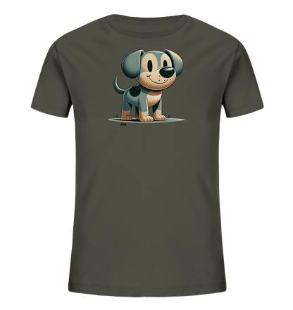 Onlineshop Shirts fuer Kinder - Das Bild zeigt ein Kindershirt in einem dunklen Olivton mit einer niedlichen Cartoon-Illustration eines Hundes. Der Hund ist grau und beige mit schwarzen Flecken und hat ein freundliches, laechelndes Gesicht. Er steht aufrecht und schaut nach vorne. Das Motiv verleiht dem Shirt einen verspielten Look.