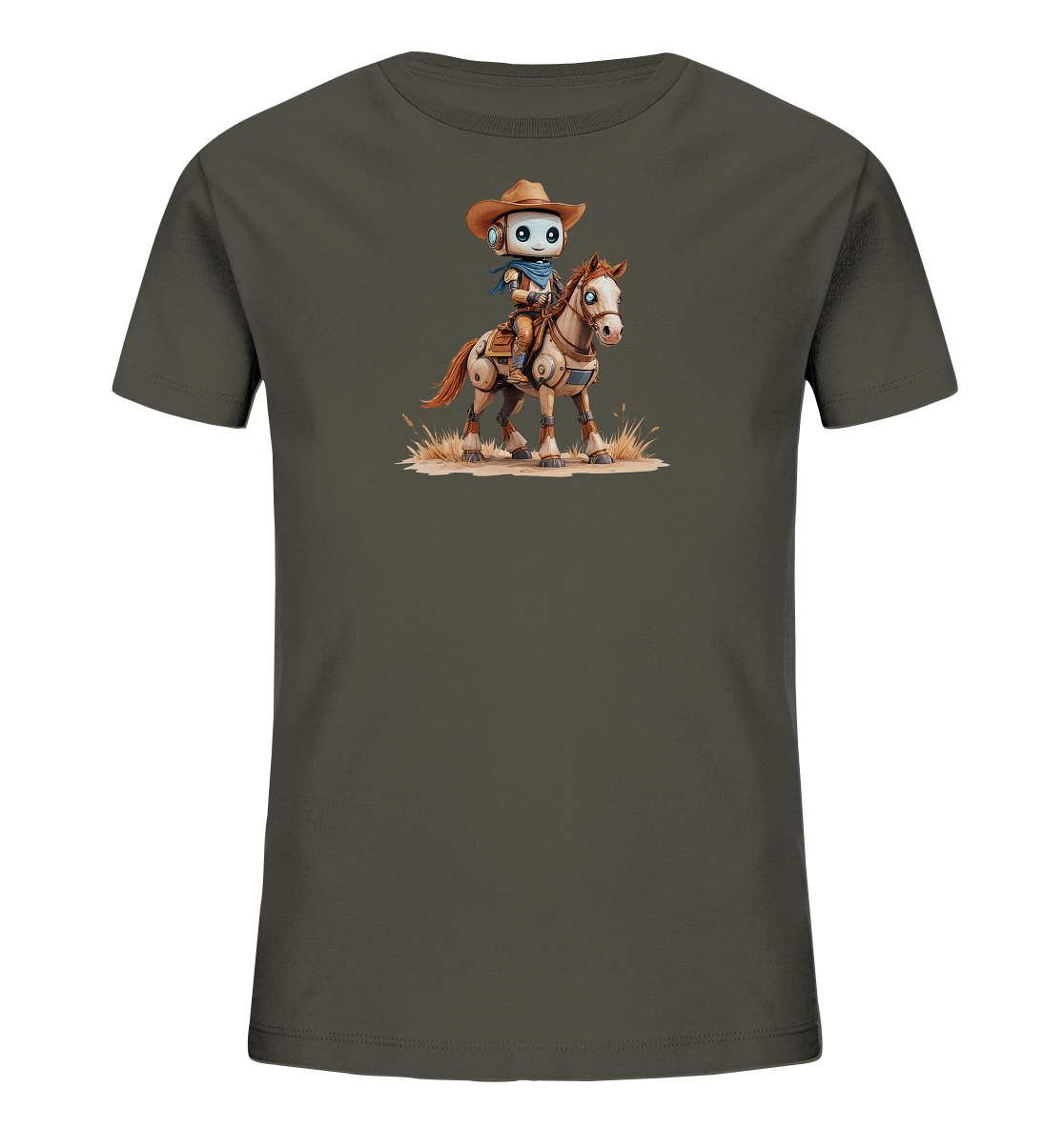 Onlineshop Shirts für Kinder - Das Bild zeigt ein dunkelgraues T-Shirt, auf dessen Vorderseite eine einzigartige Grafik platziert ist. Die Illustration stellt einen Roboter dar, der als Cowboy verkleidet auf einem Pferd reitet. Der Roboter trägt einen Cowboyhut und ein blaues Halstuch, während das Pferd technische Elemente in seinem Design aufweist. Die Szene ist auf sandigem Boden mit vereinzelten Pflanzen dargestellt und verleiht dem Shirt einen fantasievollen Look.
