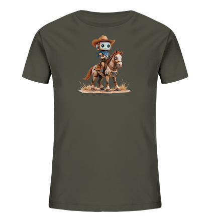 Onlineshop Shirts für Kinder - Das Bild zeigt ein dunkelgraues T-Shirt, auf dessen Vorderseite eine einzigartige Grafik platziert ist. Die Illustration stellt einen Roboter dar, der als Cowboy verkleidet auf einem Pferd reitet. Der Roboter trägt einen Cowboyhut und ein blaues Halstuch, während das Pferd technische Elemente in seinem Design aufweist. Die Szene ist auf sandigem Boden mit vereinzelten Pflanzen dargestellt und verleiht dem Shirt einen fantasievollen Look.