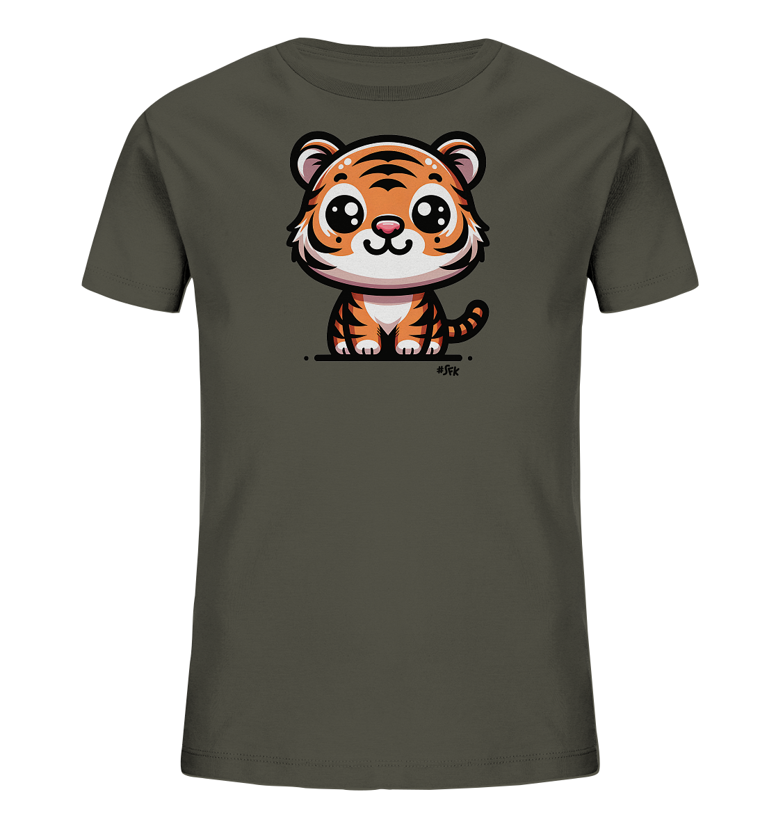 Onlineshop Shirts fuer Kinder - Das Bild zeigt ein dunkelgraues T-Shirt fuer Kinder. Auf der Vorderseite ist eine grosse, niedliche Zeichentrick-Illustration eines Baby-Tigers. Der Tiger sitzt und hat leuchtend orange-schwarze Streifen sowie grosse ausdrucksstarke Augen. Die Grafik ist zentral auf dem Shirt platziert und verleiht ihm einen verspielten Look.