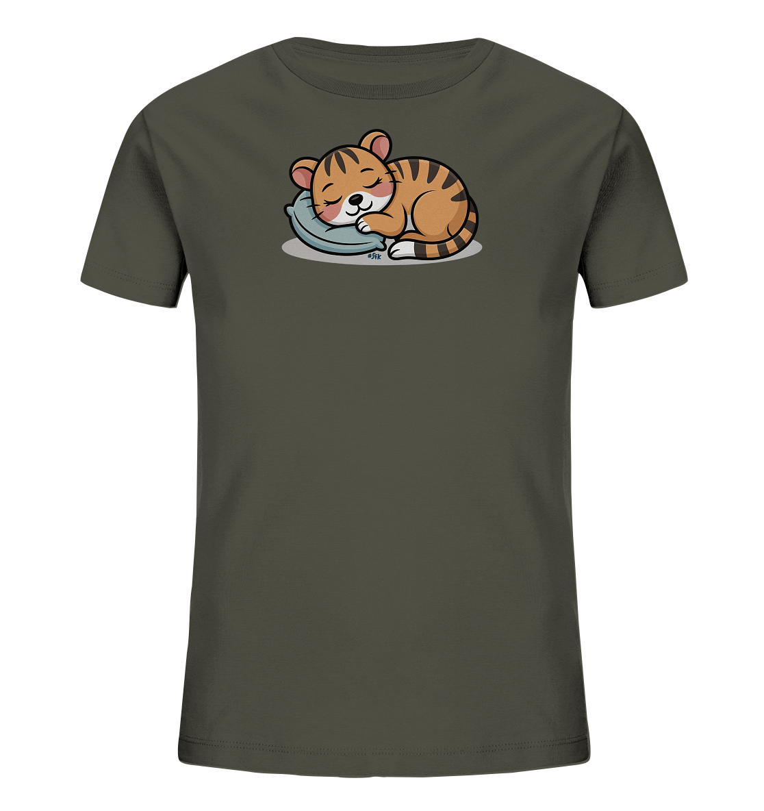 Onlineshop Shirts fuer Kinder - Das Bild zeigt ein dunkelgraues Kinder-T-Shirt mit einem suessen Druckmotiv auf der Vorderseite. Darauf ist ein schlafendes Tigerbaby zu sehen, das friedlich auf einem hellblauen Kissen liegt. Das orange-braun gestreifte Kaetzchen hat geschlossene Augen und wirkt sehr gemuetlich. Das Design ist liebevoll gestaltet und verleiht dem Shirt einen beruhigenden und kinderfreundlichen Ausdruck.