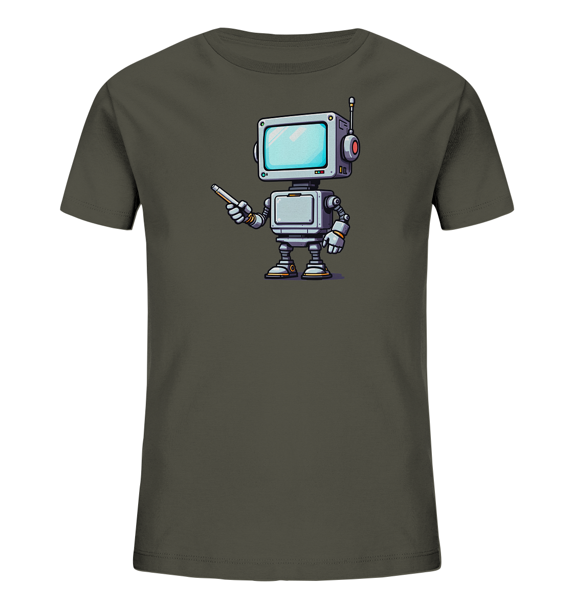 Onlineshop Shirts für Kinder - Das Bild zeigt ein dunkles, graues T-Shirt für Kinder mit einem auffälligen Grafikdruck auf der Vorderseite. Der Druck stellt einen detaillierten, cartoonartigen Roboter dar, der einen Bildschirm als Kopf besitzt und einen Zeigestab oder Stift in der Hand hält. Der Roboter ist in Grau-, Blau- und Orangetönen gestaltet und hat eine Antenne sowie rote Elemente am Kopf. Das Motiv ist zentral auf dem Shirt positioniert und verleiht ihm einen modernen, spielerischen Charakter.