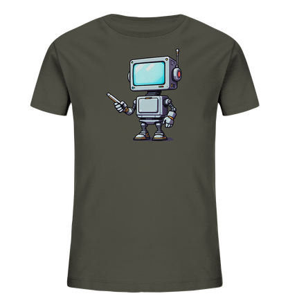 Onlineshop Shirts für Kinder - Das Bild zeigt ein dunkles, graues T-Shirt für Kinder mit einem auffälligen Grafikdruck auf der Vorderseite. Der Druck stellt einen detaillierten, cartoonartigen Roboter dar, der einen Bildschirm als Kopf besitzt und einen Zeigestab oder Stift in der Hand hält. Der Roboter ist in Grau-, Blau- und Orangetönen gestaltet und hat eine Antenne sowie rote Elemente am Kopf. Das Motiv ist zentral auf dem Shirt positioniert und verleiht ihm einen modernen, spielerischen Charakter.