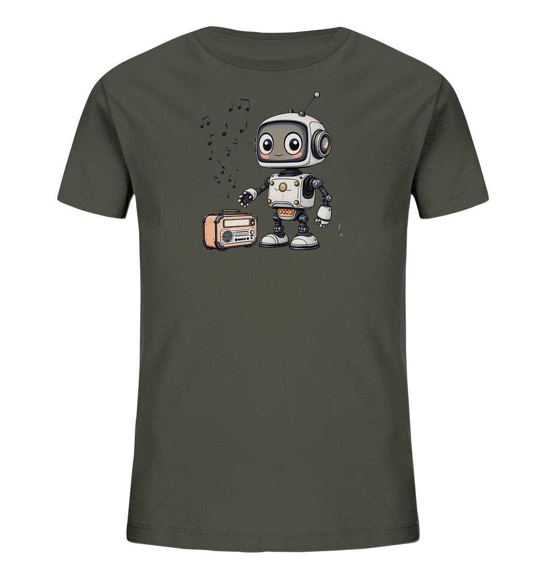 Onlineshop Shirts für Kinder - Das Bild zeigt ein Kinder-T-Shirt in einem dunklen Olivgrün. Auf der Vorderseite ist eine freundliche Illustration eines kleinen, weißen Roboters abgebildet, der neben einem orangefarbenen Retro-Radio steht. Über dem Radio sind schwarze Musiknoten zu sehen, die den Eindruck erwecken, als würde der Roboter Musik hören. Das Design ist kindgerecht gestaltet und kombiniert Elemente aus Technologie und Musik auf spielerische Weise.