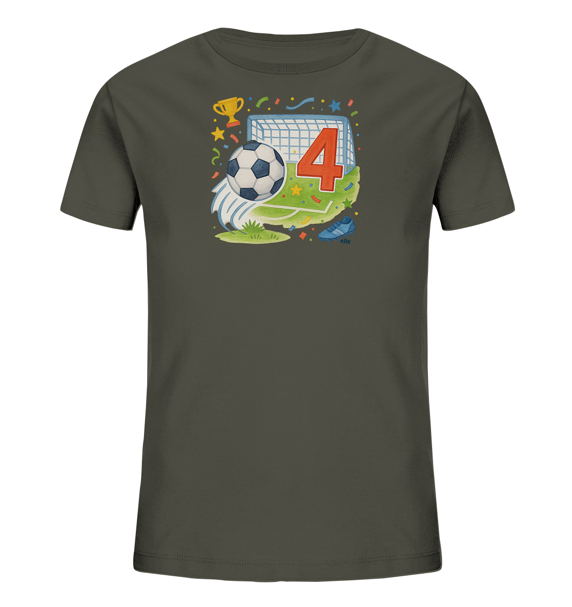 Onlineshop Shirts fuer Kinder - Das Bild zeigt ein dunkelgraues Kinder-T-Shirt mit einem lebendigen Fussballmotiv. Zentral sind ein Tor, ein Ball und die rote Zahl 4 abgebildet. Um das Motiv herum sind ein goldener Pokal, ein Schuh, Konfetti und Sterne platziert. Das Design hat einen froehlichen und festlichen Charakter.