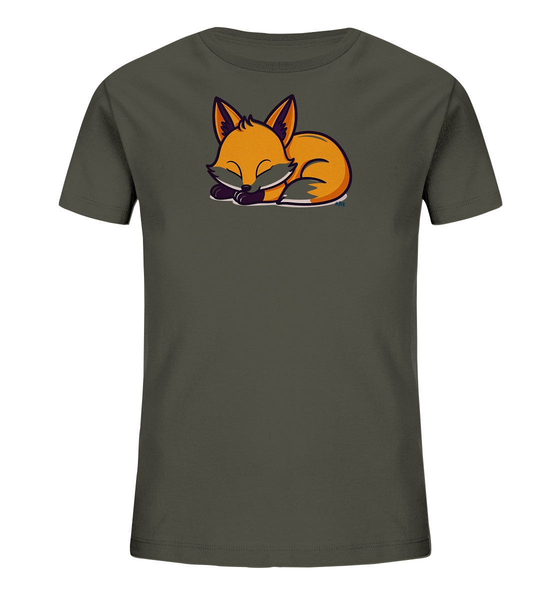 Onlineshop Shirts fuer Kinder - Das Bild zeigt ein dunkelgraues T-Shirt fuer Kinder. Auf der Vorderseite ist eine niedliche, orangefarbene Fuchsillustration zu sehen. Der Fuchs liegt eingerollt da und scheint zu schlafen, mit geschlossenen Augen und grauen Details. Das Design wirkt ruhig und ansprechend.