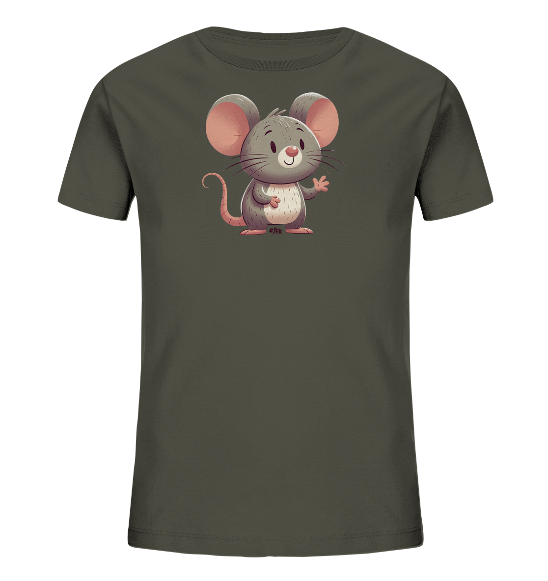 Onlineshop Shirts fuer Kinder - Das Bild zeigt ein dunkelgraues Kinder-T-Shirt mit einem niedlichen Maus-Motiv auf der Vorderseite. Die gezeichnete Maus hat grosse pinke Ohren und ein freundliches, laechelndes Gesicht. Sie winkt mit einer Pfote und sitzt aufrecht. Das Design ist farbenfroh und verspielt.