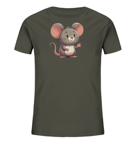Onlineshop Shirts fuer Kinder - Das Bild zeigt ein dunkelgraues Kinder-T-Shirt mit einem niedlichen Maus-Motiv auf der Vorderseite. Die gezeichnete Maus hat grosse pinke Ohren und ein freundliches, laechelndes Gesicht. Sie winkt mit einer Pfote und sitzt aufrecht. Das Design ist farbenfroh und verspielt.