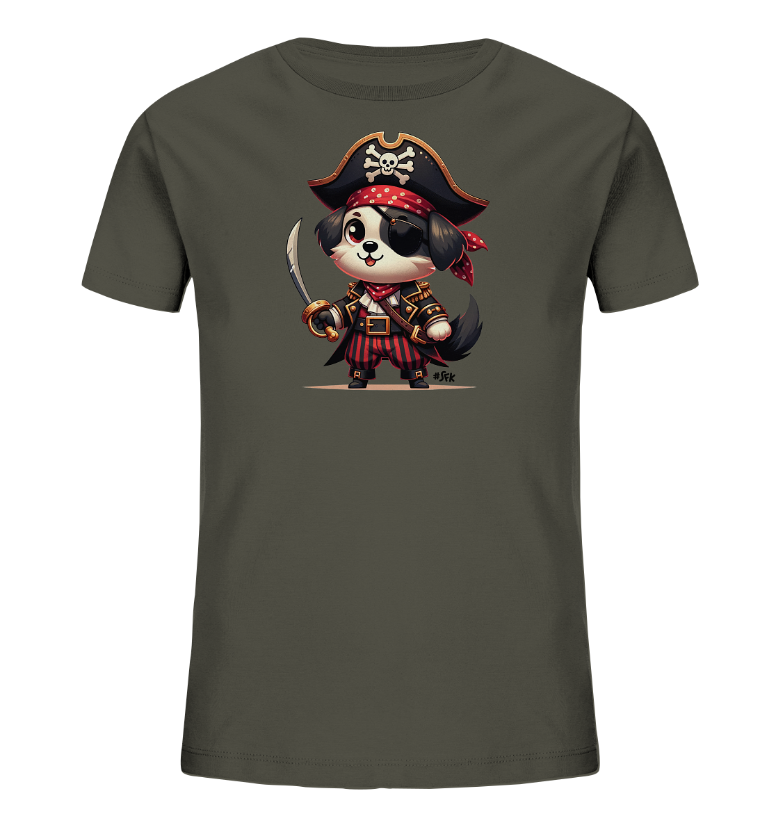 Kinder T-Shirt mit Cartoon-Piratenhund, Augenklappe, Hut und Säbel