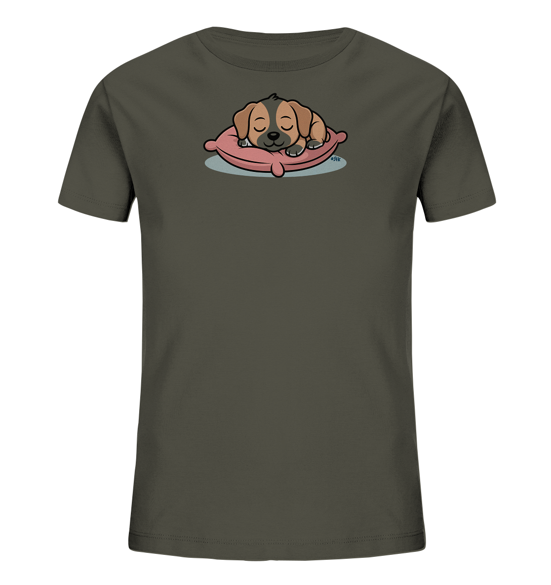 Onlineshop Shirts fuer Kinder - Das Bild zeigt ein dunkelgraues Kinder-T-Shirt mit einem niedlichen Tiermotiv auf der Vorderseite. Darauf ist ein schlafender Welpe in Braun- und Schwarztoenen abgebildet, der friedlich auf einem rosa Kissen liegt. Das Design ist schlicht und liebevoll gestaltet und passt ideal fuer Kinder.