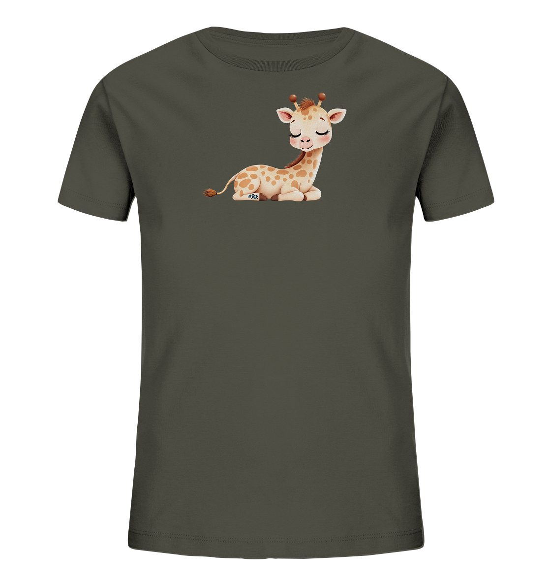 Onlineshop Shirts fuer Kinder - Das Bild zeigt ein dunkelgraues Kinder-T-Shirt. Auf der Vorderseite ist eine niedliche, liegende Baby-Giraffe mit geschlossenen Augen und einem sanften Laecheln abgebildet. Das Motiv der Giraffe ist in hellen Brauntoenen mit charakteristischen Flecken gehalten. Das Design verleiht dem Shirt einen ruhigen und freundlichen Ausdruck.