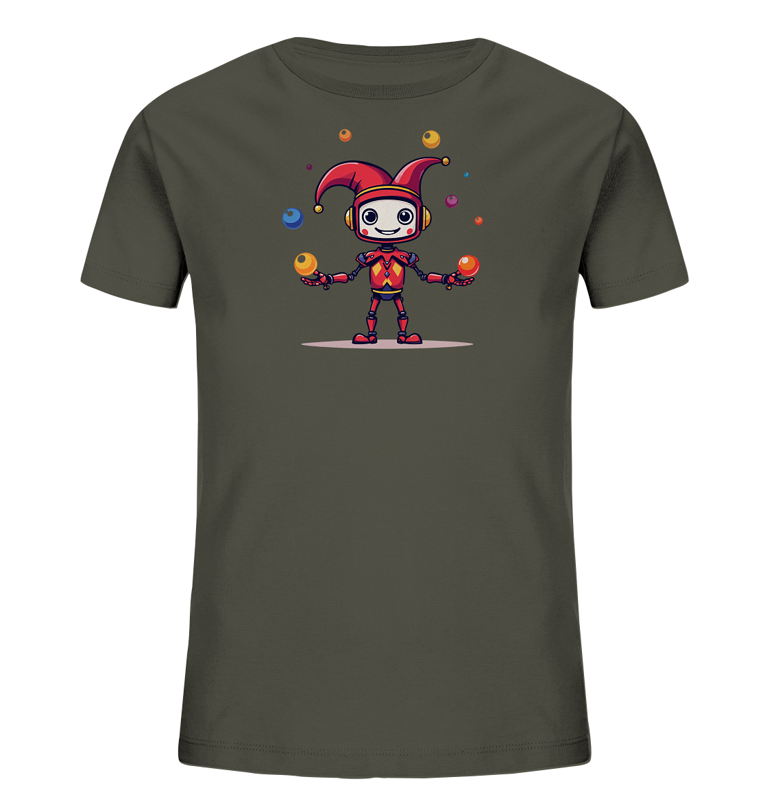 Onlineshop Shirts für Kinder - Das Bild zeigt ein T-Shirt in einem dunklen Olivgrün-Ton. Auf der Vorderseite des Shirts befindet sich eine grafische Darstellung eines Roboters. Der Roboter trägt eine rot-gelbe Narrenkappe und hält mehrere farbige Kugeln, die er zu jonglieren scheint. Die Kugeln sind in verschiedenen Farben wie Rot, Gelb, Blau und Orange abgebildet und umgeben die Figur.