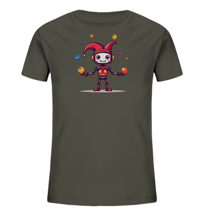 Onlineshop Shirts für Kinder - Das Bild zeigt ein T-Shirt in einem dunklen Olivgrün-Ton. Auf der Vorderseite des Shirts befindet sich eine grafische Darstellung eines Roboters. Der Roboter trägt eine rot-gelbe Narrenkappe und hält mehrere farbige Kugeln, die er zu jonglieren scheint. Die Kugeln sind in verschiedenen Farben wie Rot, Gelb, Blau und Orange abgebildet und umgeben die Figur.