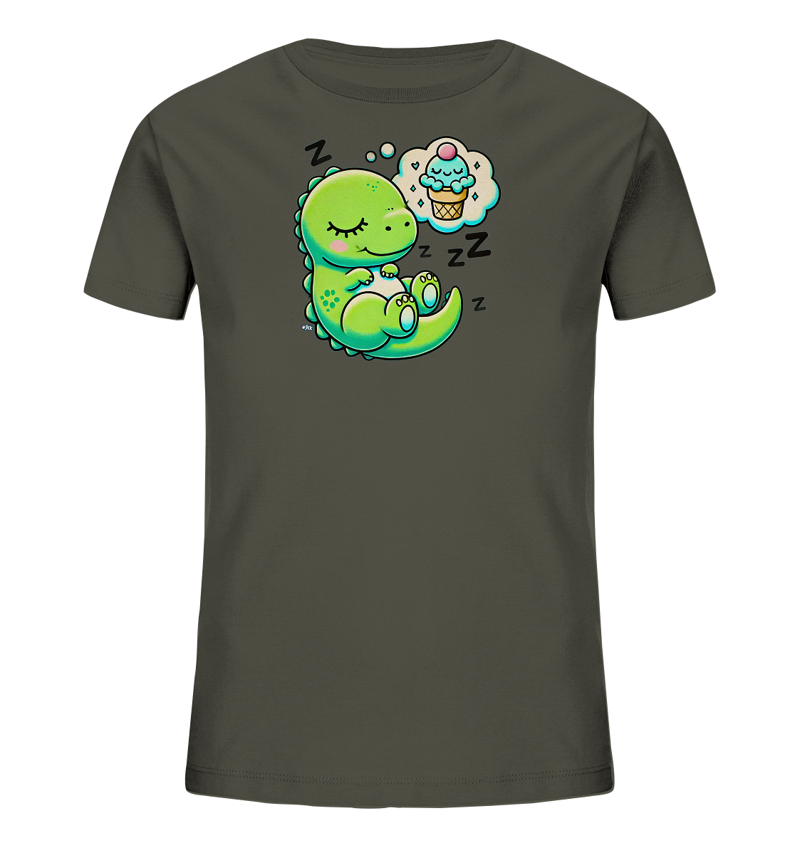 Onlineshop Shirts fuer Kinder - Das Bild zeigt ein dunkelgraues T-Shirt mit einem niedlichen, schlafenden Dinosaurier-Motiv auf der Vorderseite. Der gruene Cartoon-Dino ist eingerollt mit geschlossenen Augen und laechelt im Schlaf. Über ihm schwebt eine Gedankenblase, die ein froehliches Eiscreme-Hoernchen mit Gesicht darstellt. Das Design vermittelt eine suesse Vorstellung von einem Traum waehrend des Schlafs.