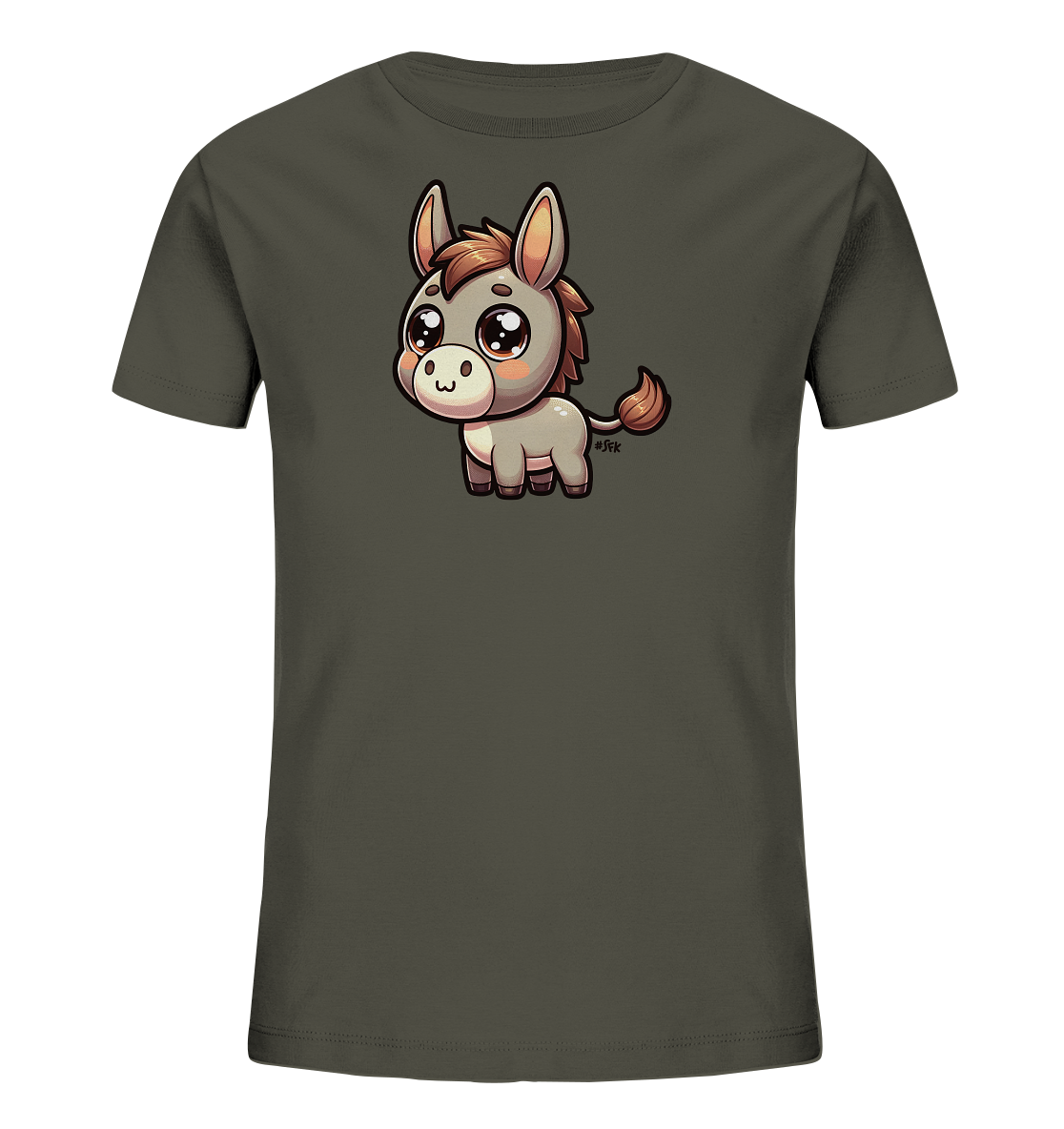 Onlineshop Shirts fuer Kinder - Das Bild zeigt ein dunkles Kinder-T-Shirt mit einem niedlichen Cartoon-Esel auf der Vorderseite. Der Esel hat grosse Augen und einen freundlichen Gesichtsausdruck. Die Illustration ist detailreich und das Design wirkt verspielt, passend fuer Kinder.
