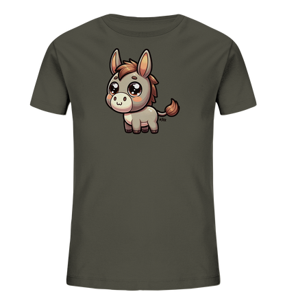 Onlineshop Shirts fuer Kinder - Das Bild zeigt ein dunkles Kinder-T-Shirt mit einem niedlichen Cartoon-Esel auf der Vorderseite. Der Esel hat grosse Augen und einen freundlichen Gesichtsausdruck. Die Illustration ist detailreich und das Design wirkt verspielt, passend fuer Kinder.
