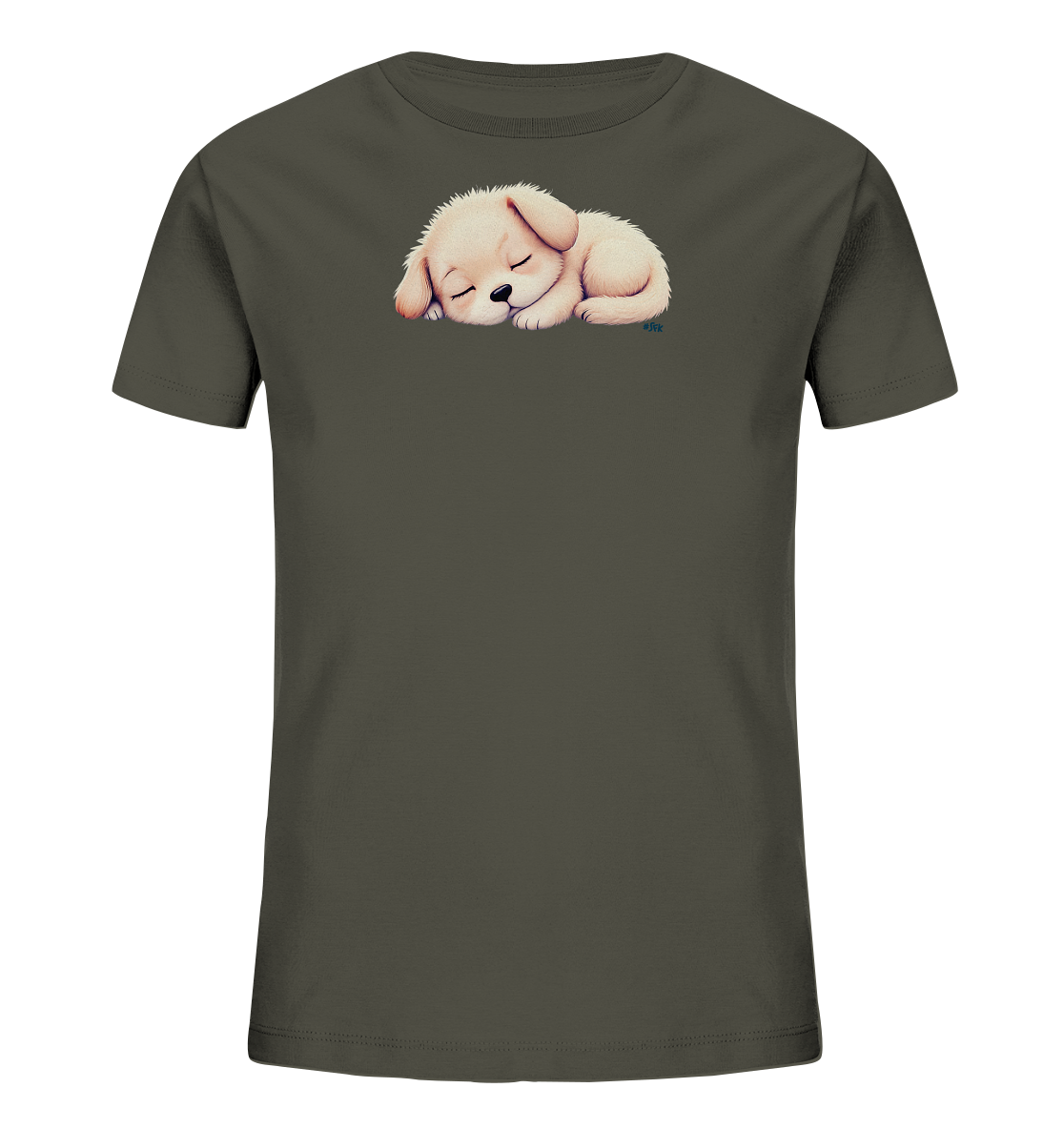 Onlineshop Shirts fuer Kinder - Das Bild zeigt ein dunkelgruenes T-Shirt fuer Kinder. Auf der Vorderseite ist eine niedliche Illustration eines schlafenden Welpen zu sehen, der in hellen, cremefarbenen Toenen gehalten ist. Der Welpe liegt friedlich zusammengerollt mit geschlossenen Augen. Dieses Design verleiht dem Shirt einen zaertlichen und beruhigenden Ausdruck.
