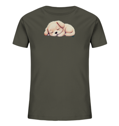 Kinder T-Shirt mit zusammengerolltem schlafendem Welpen in Cremefarben