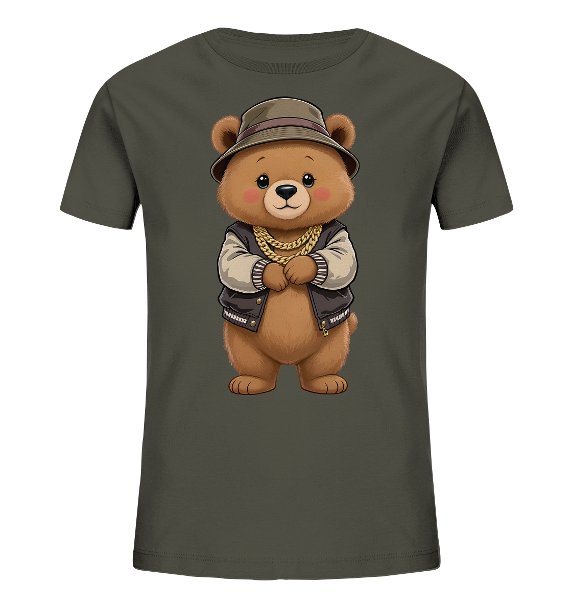Onlineshop Shirts fuer Kinder - Das Bild zeigt ein dunkelgraues T-Shirt fuer Kinder mit einem niedlichen Cartoon-Baerenmotiv auf der Vorderseite. Der Baer ist bekleidet mit einem braunen Hut, einer dunkelbraunen Bomberjacke mit hellen Ärmeln und einer goldenen Halskette. Er steht aufrecht mit verschraenkten Pfoten und hat einen freundlichen Gesichtsausdruck. Das Gesamtbild wirkt ansprechend und stilvoll fuer Kinder.