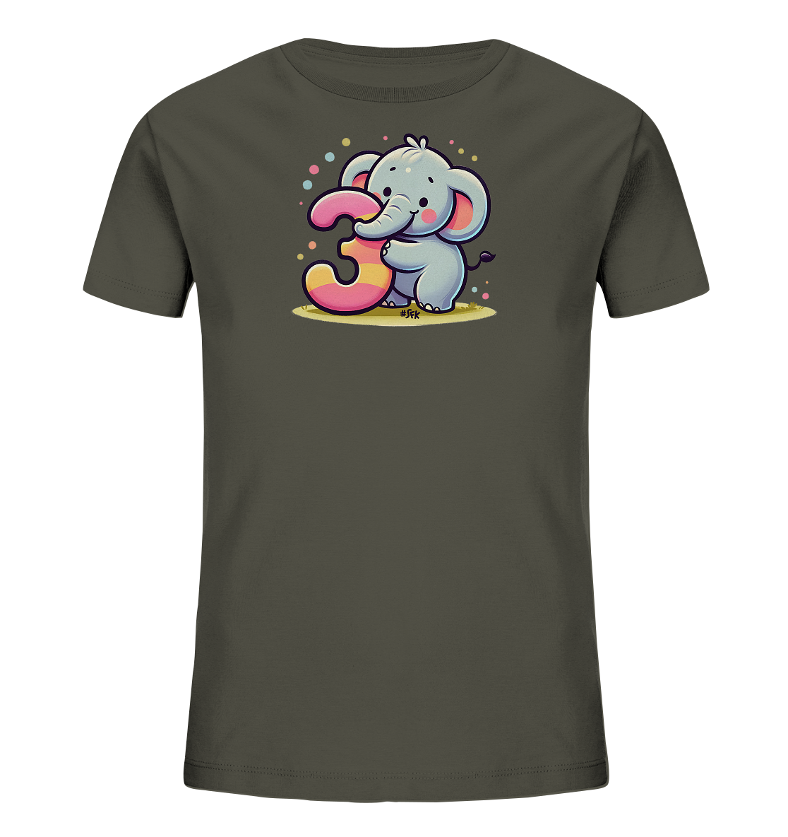 Onlineshop Shirts fuer Kinder - Das Bild zeigt ein dunkelgraues Kinder-T-Shirt mit einem niedlichen Cartoon-Elefanten auf der Vorderseite. Der Elefant haelt eine grosse, bunte Zahl '3' fest, die pink und gelb gestreift ist. Kleine bunte Punkte umgeben die Szene, die auf einem gelblichen Untergrund spielt. Das Motiv wirkt froehlich und kindgerecht.
