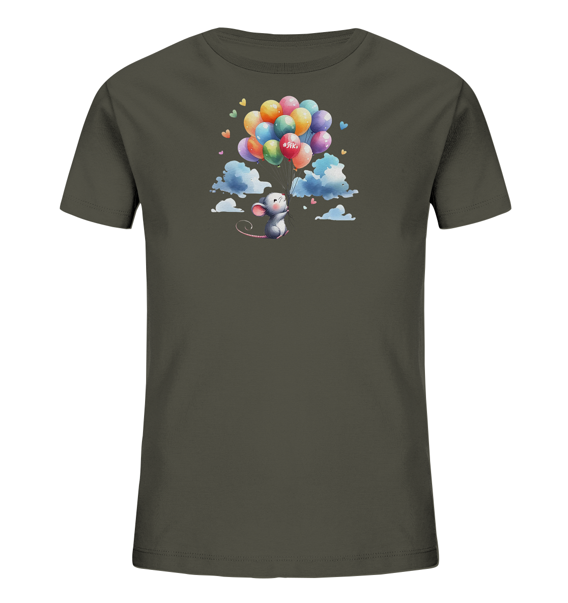 Onlineshop Shirts für Kinder - Das Bild zeigt ein dunkelgraues Kinder-T-Shirt mit einem auffälligen Motiv. Zentral auf dem Shirt ist eine niedliche Cartoon-Maus abgebildet, die an einem großen Bündel bunter Luftballons hängt und in den Himmel aufzusteigen scheint. Um die Maus und die Ballons herum sind kleine Wolken und Herzen dargestellt, die dem Design eine verspielte Note verleihen. Einer der roten Ballons trägt die Aufschrift "#SFK".