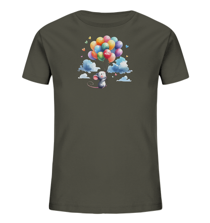 Onlineshop Shirts für Kinder - Das Bild zeigt ein dunkelgraues Kinder-T-Shirt mit einem auffälligen Motiv. Zentral auf dem Shirt ist eine niedliche Cartoon-Maus abgebildet, die an einem großen Bündel bunter Luftballons hängt und in den Himmel aufzusteigen scheint. Um die Maus und die Ballons herum sind kleine Wolken und Herzen dargestellt, die dem Design eine verspielte Note verleihen. Einer der roten Ballons trägt die Aufschrift "#SFK".