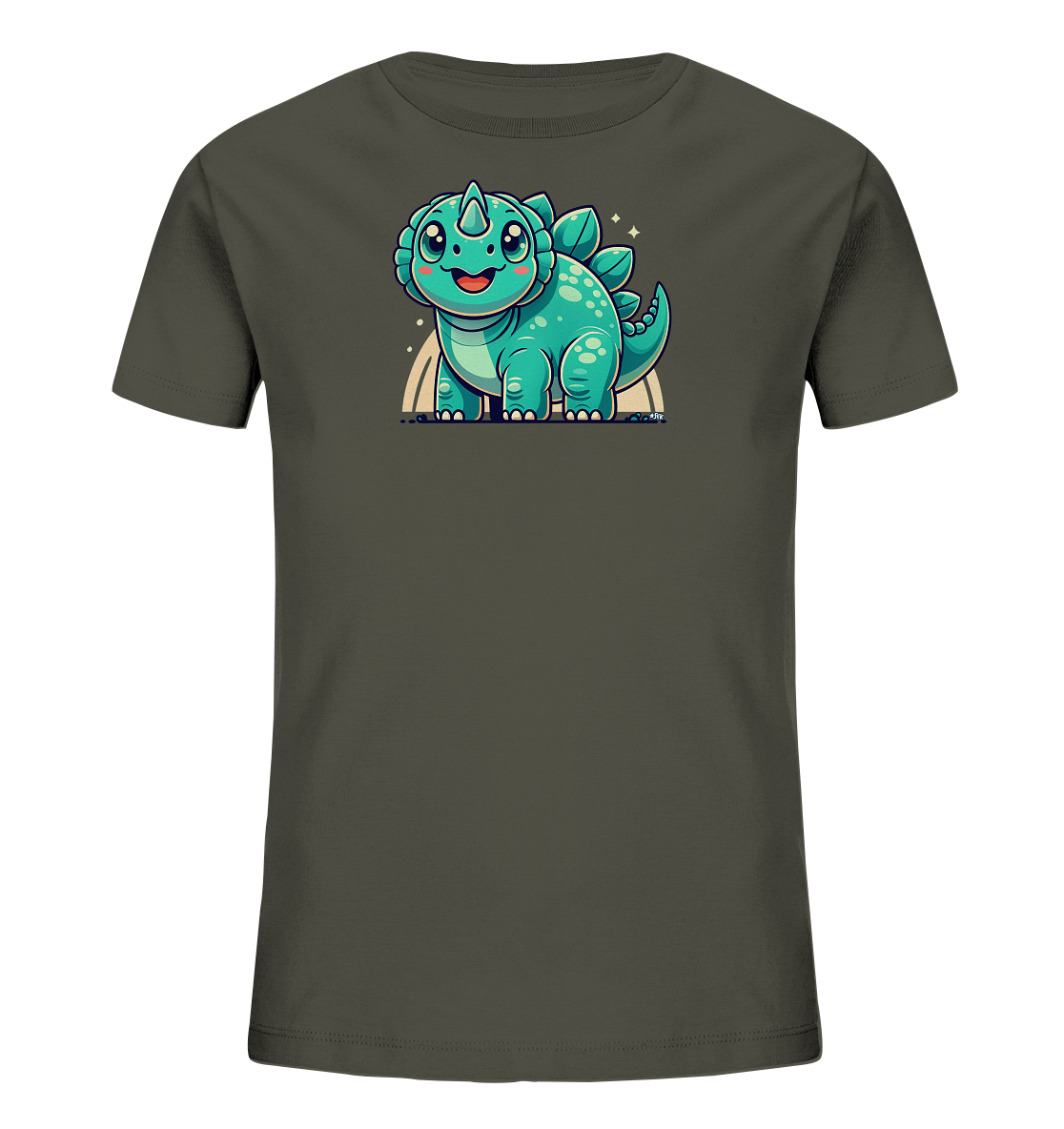 Onlineshop Shirts fuer Kinder - Das Bild zeigt ein dunkelgraues T-Shirt mit einem niedlichen, cartoonhaften Dinosaurier-Aufdruck. Der Dinosaurier ist gruen, hat grosse Augen und einen freundlichen Ausdruck. Er steht vor einem stilisierten Regenbogen und wird von kleinen Sternen umgeben. Dieses Design verleiht dem Shirt einen verspielten Charakter.