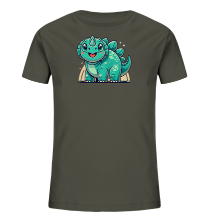 Onlineshop Shirts fuer Kinder - Das Bild zeigt ein dunkelgraues T-Shirt mit einem niedlichen, cartoonhaften Dinosaurier-Aufdruck. Der Dinosaurier ist gruen, hat grosse Augen und einen freundlichen Ausdruck. Er steht vor einem stilisierten Regenbogen und wird von kleinen Sternen umgeben. Dieses Design verleiht dem Shirt einen verspielten Charakter.