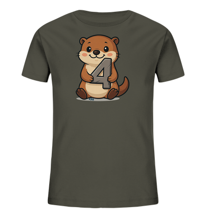 Onlineshop Shirts fuer Kinder - Das Bild zeigt ein T-Shirt fuer Kinder in einem dunklen Grauton mit einem niedlichen Aufdruck. Der Aufdruck zeigt ein cartoonhaftes Tier, das einem Fischotter aehnelt, sitzend und laechelnd. Das Tier haelt eine grosse, graue Zahl Vier, die wie Stein aussieht, in seinen Pfoten. Dieses froehliche Motiv ist ideal fuer kleine Kinder.