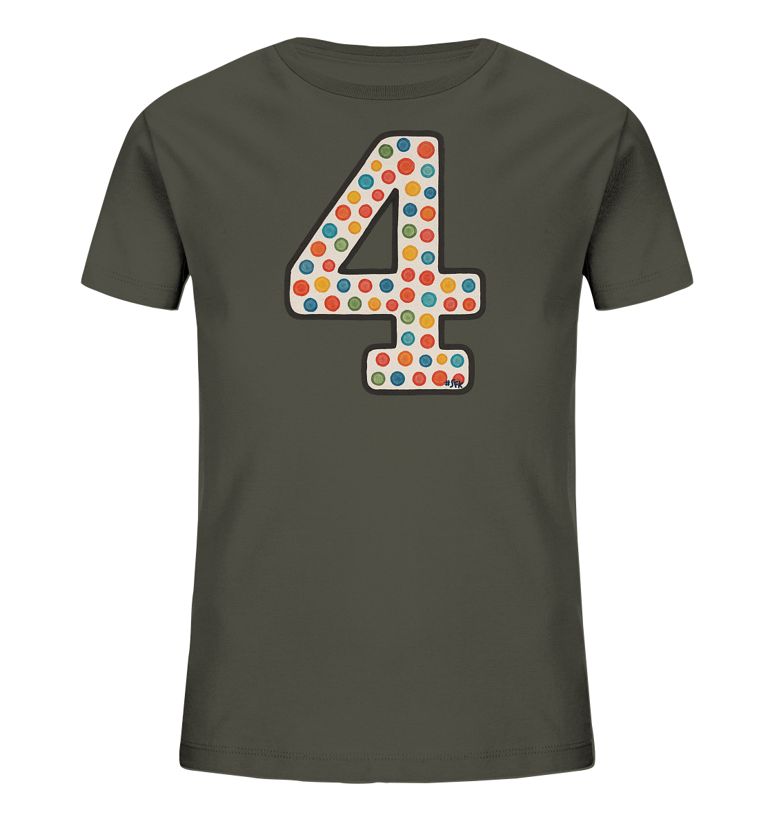 Onlineshop Shirts fuer Kinder - Das Bild zeigt ein dunkelgraues T-Shirt fuer Kinder mit einer grossen Zahl "4" auf der Vorderseite. Die Zahl ist mit einem Muster aus vielen bunten Punkten in Rot, Gelb, Blau, Gruen und Orange gefuellt. Eine dunkle Umrandung hebt die Zahl vom Stoff ab. Dieses Design ist farbenfroh und verspielt, ideal fuer Kinder.