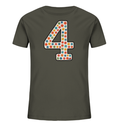 Kinder T-Shirt mit großer Zahl 4, bunten Punkten und dunkler Umrandung