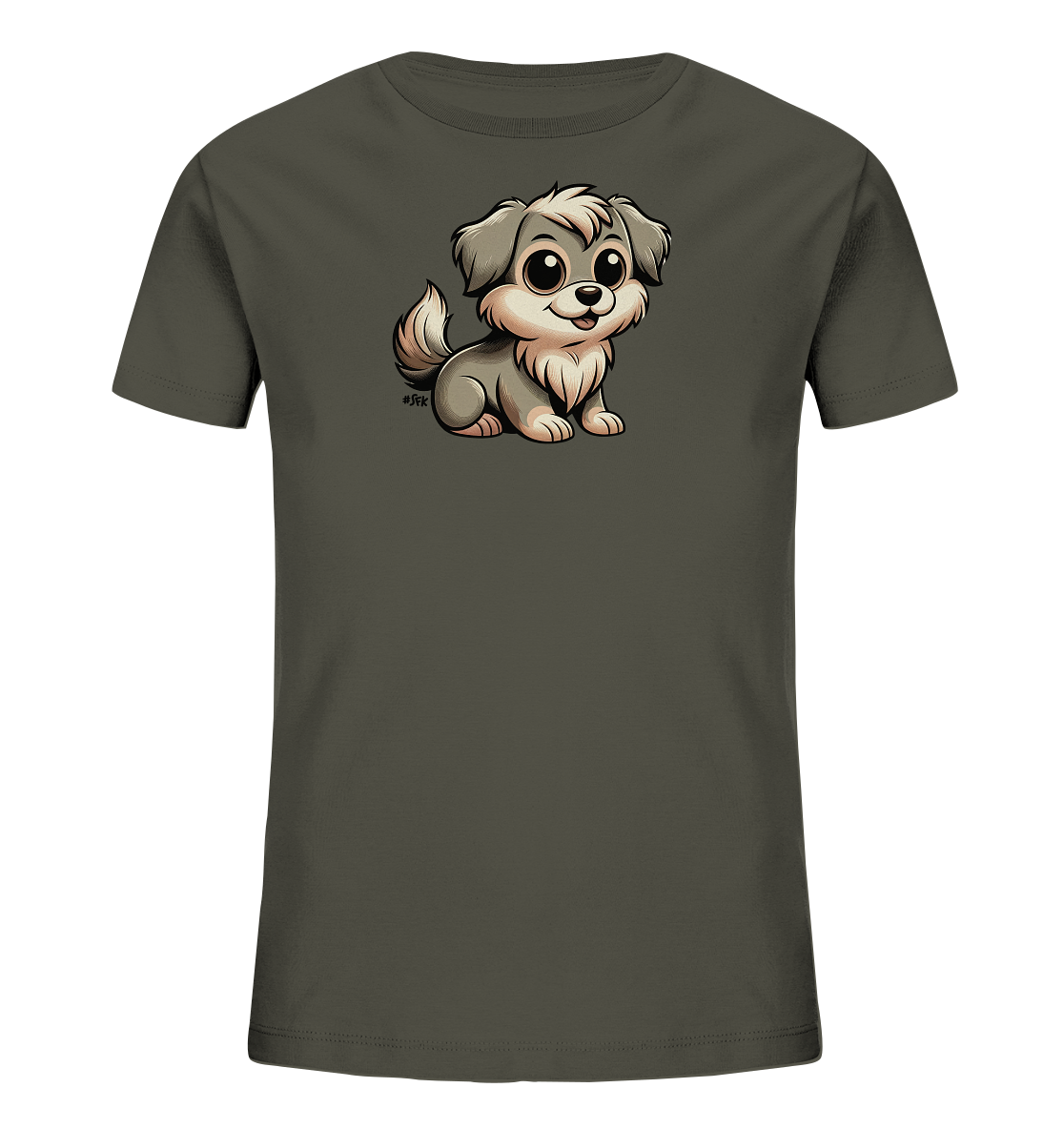 Onlineshop Shirts fuer Kinder - Das Bild zeigt ein Kinder-T-Shirt in einem dunklen Farbton mit einem niedlichen Cartoon-Hundemotiv auf der Vorderseite. Der Hund ist grau und flauschig dargestellt, sitzt aufrecht und hat grosse, freundliche Augen. Das Design wirkt verspielt und ansprechend fuer Kinder. Der kleine Vierbeiner laechelt freundlich und hat einen buschigen Schwanz.