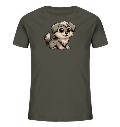 Onlineshop Shirts fuer Kinder - Das Bild zeigt ein Kinder-T-Shirt in einem dunklen Farbton mit einem niedlichen Cartoon-Hundemotiv auf der Vorderseite. Der Hund ist grau und flauschig dargestellt, sitzt aufrecht und hat grosse, freundliche Augen. Das Design wirkt verspielt und ansprechend fuer Kinder. Der kleine Vierbeiner laechelt freundlich und hat einen buschigen Schwanz.