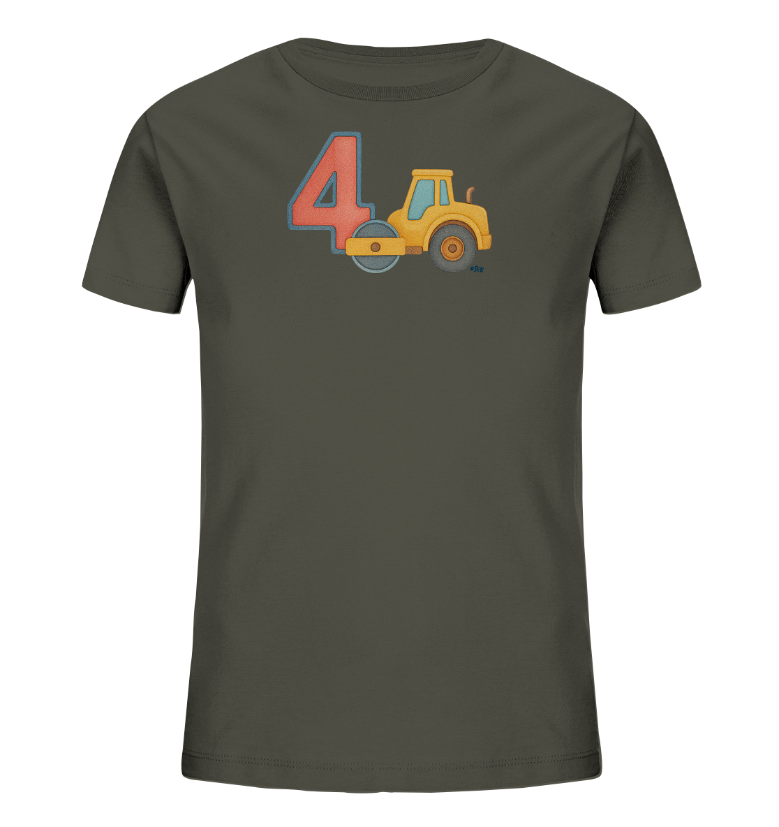 Onlineshop Shirts fuer Kinder - Das Bild zeigt ein dunkelgraues T-Shirt fuer Kinder. Auf der Vorderseite ist eine grosse, rot-orange Zahl Vier mit blauer Umrandung abgebildet. Daneben befindet sich die Illustration einer gelben Bauwalze mit grauen Raedern. Das Motiv wirkt verspielt und ist ideal fuer kleine Baufans.