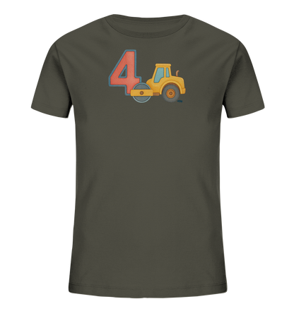 Onlineshop Shirts fuer Kinder - Das Bild zeigt ein dunkelgraues T-Shirt fuer Kinder. Auf der Vorderseite ist eine grosse, rot-orange Zahl Vier mit blauer Umrandung abgebildet. Daneben befindet sich die Illustration einer gelben Bauwalze mit grauen Raedern. Das Motiv wirkt verspielt und ist ideal fuer kleine Baufans.
