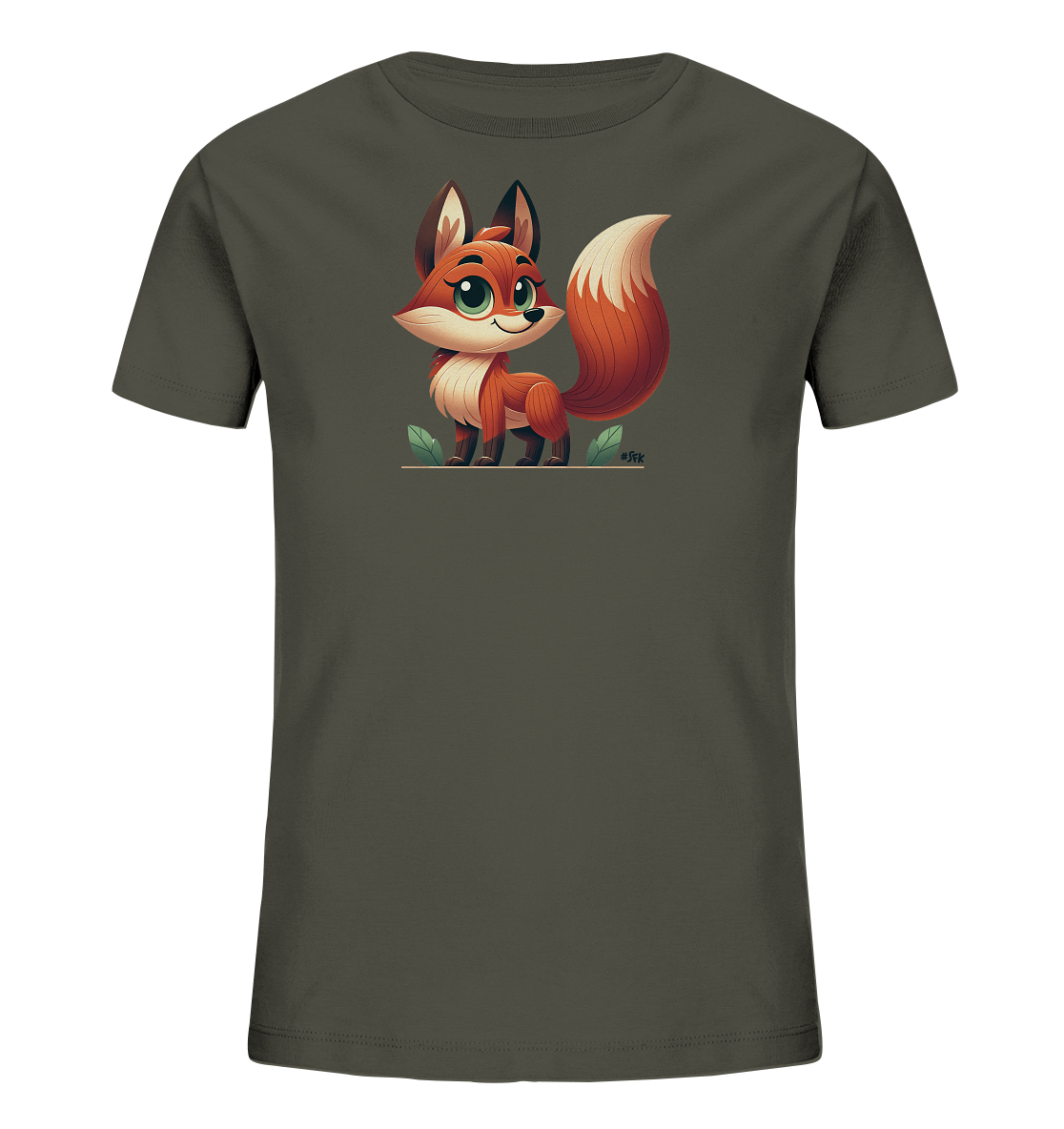 Onlineshop Shirts fuer Kinder - Das Bild zeigt ein dunkelgruenes Kinder-T-Shirt mit einer niedlichen Illustration eines Fuchses. Der Fuchs hat orangefarbenes Fell, grosse gruene Augen und steht auf einem braunen Streifen mit gruenen Blaettern. Das Design ist im Cartoon-Stil gehalten und wirkt freundlich und verspielt.
