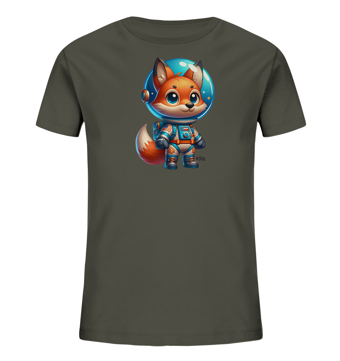 Onlineshop Shirts fuer Kinder - Das Bild zeigt ein dunkles T-Shirt fuer Kinder. Auf der Vorderseite ist eine niedliche Illustration eines Fuchses in einem detaillierten Astronautenanzug zu sehen. Der Fuchs traegt einen Helm, durch den sein freundliches Gesicht sichtbar ist. Im Hintergrund des Helms sind Sterne zu erkennen.