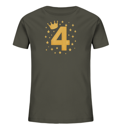 Onlineshop Shirts fuer Kinder - Das Bild zeigt ein dunkelgraues Kinder-T-Shirt mit einem grossen Grafikdruck auf der Vorderseite. Die Grafik besteht aus der Zahl '4', einer Krone und vielen Sternen. Alle Elemente sind in einem glaenzenden Goldton gehalten. Das Design wirkt festlich und froehlich.