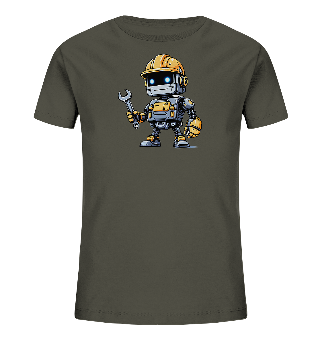 Onlineshop Shirts für Kinder - Das Bild zeigt ein Kinder-T-Shirt in einem dunklen Olivgrau-Farbton. Auf der Vorderseite ist eine detaillierte, cartoonartige Illustration eines Roboters zu sehen. Der Roboter trägt einen gelben Schutzhelm, hat leuchtend blaue Augen und hält einen silbernen Schraubenschlüssel in der Hand. Sein Körper ist in Grautönen mit gelben Akzenten gestaltet, was ihm ein robustes Aussehen verleiht und das Design verspielt macht.