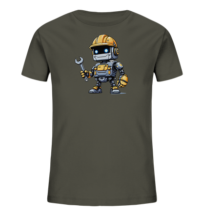 Onlineshop Shirts für Kinder - Das Bild zeigt ein Kinder-T-Shirt in einem dunklen Olivgrau-Farbton. Auf der Vorderseite ist eine detaillierte, cartoonartige Illustration eines Roboters zu sehen. Der Roboter trägt einen gelben Schutzhelm, hat leuchtend blaue Augen und hält einen silbernen Schraubenschlüssel in der Hand. Sein Körper ist in Grautönen mit gelben Akzenten gestaltet, was ihm ein robustes Aussehen verleiht und das Design verspielt macht.