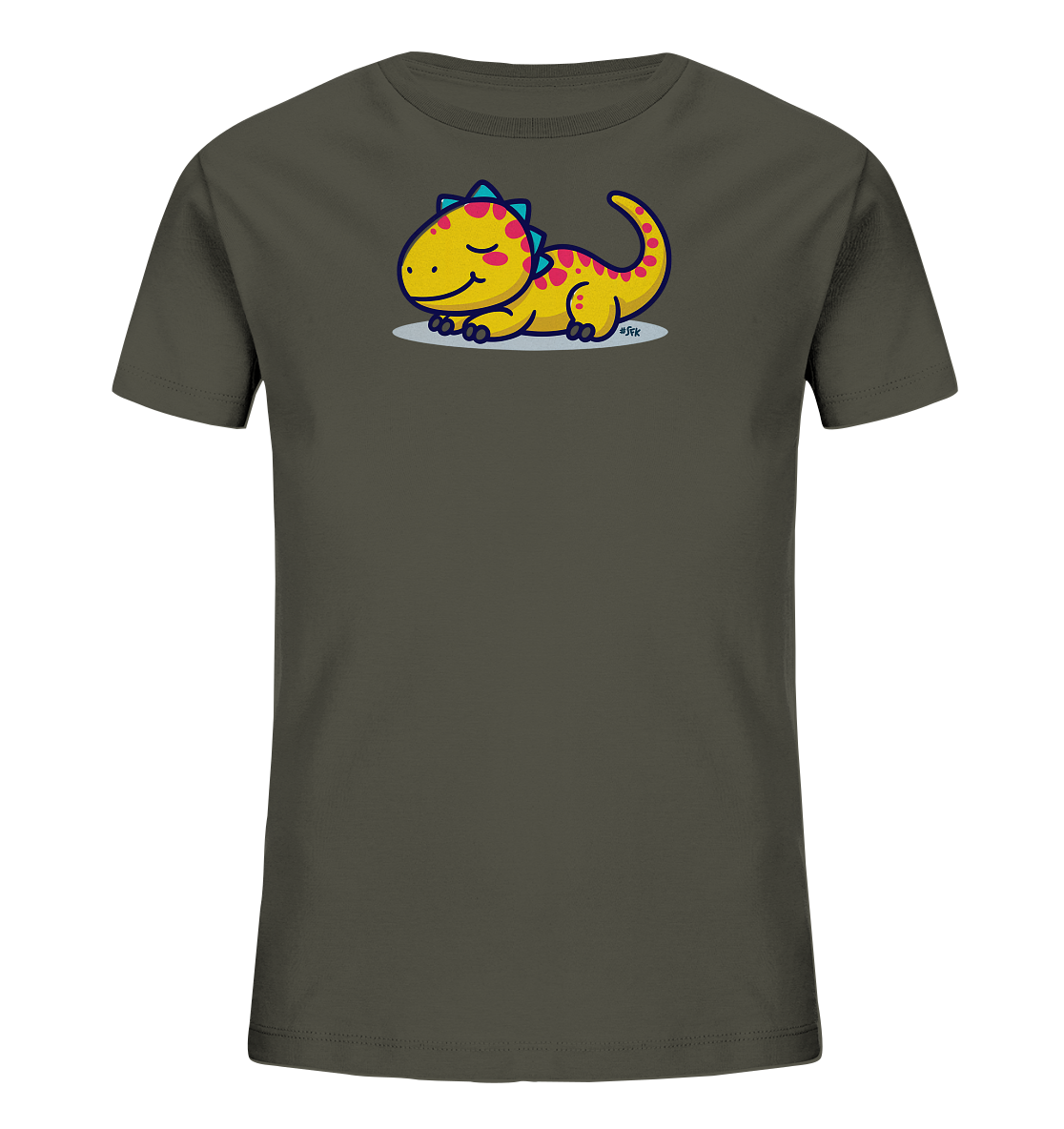Onlineshop Shirts fuer Kinder - Das Bild zeigt ein dunkelgraues T-Shirt mit einem niedlichen gelben Dinosaurier-Motiv auf der Vorderseite. Der Cartoon-Dino liegt entspannt da, hat rosa Punkte und tuerkisfarbene Zacken auf dem Ruecken. Sein Gesichtsausdruck ist laechelnd mit geschlossenen Augen, was eine ruhige und froehliche Stimmung vermittelt. Das verspielte Design ist ideal fuer Kinder.