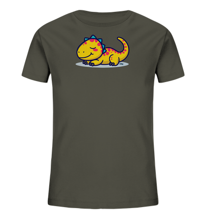 Onlineshop Shirts fuer Kinder - Das Bild zeigt ein dunkelgraues T-Shirt mit einem niedlichen gelben Dinosaurier-Motiv auf der Vorderseite. Der Cartoon-Dino liegt entspannt da, hat rosa Punkte und tuerkisfarbene Zacken auf dem Ruecken. Sein Gesichtsausdruck ist laechelnd mit geschlossenen Augen, was eine ruhige und froehliche Stimmung vermittelt. Das verspielte Design ist ideal fuer Kinder.