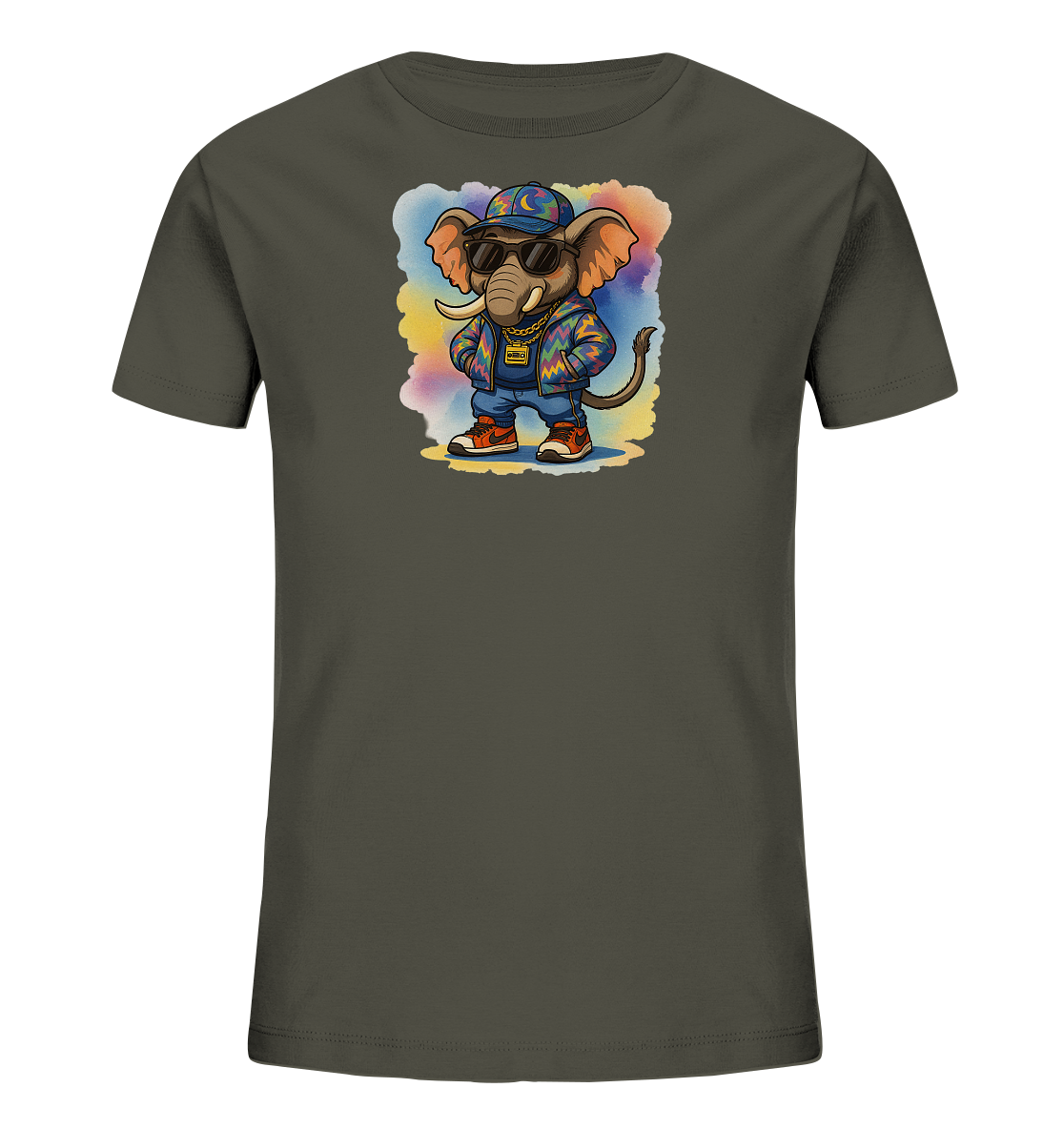 Onlineshop Shirts fuer Kinder - Das Bild zeigt ein dunkelgraues T-Shirt fuer Kinder mit einem auffaelligen Cartoon-Elefantenmotiv auf der Vorderseite. Der Elefant traegt Sonnenbrillen, eine bunte Jacke, Jeans, Turnschuhe und eine Kappe. Das moderne und verspielte Design ist von einem farbenfrohen, aquarellartigen Hintergrund umrahmt.