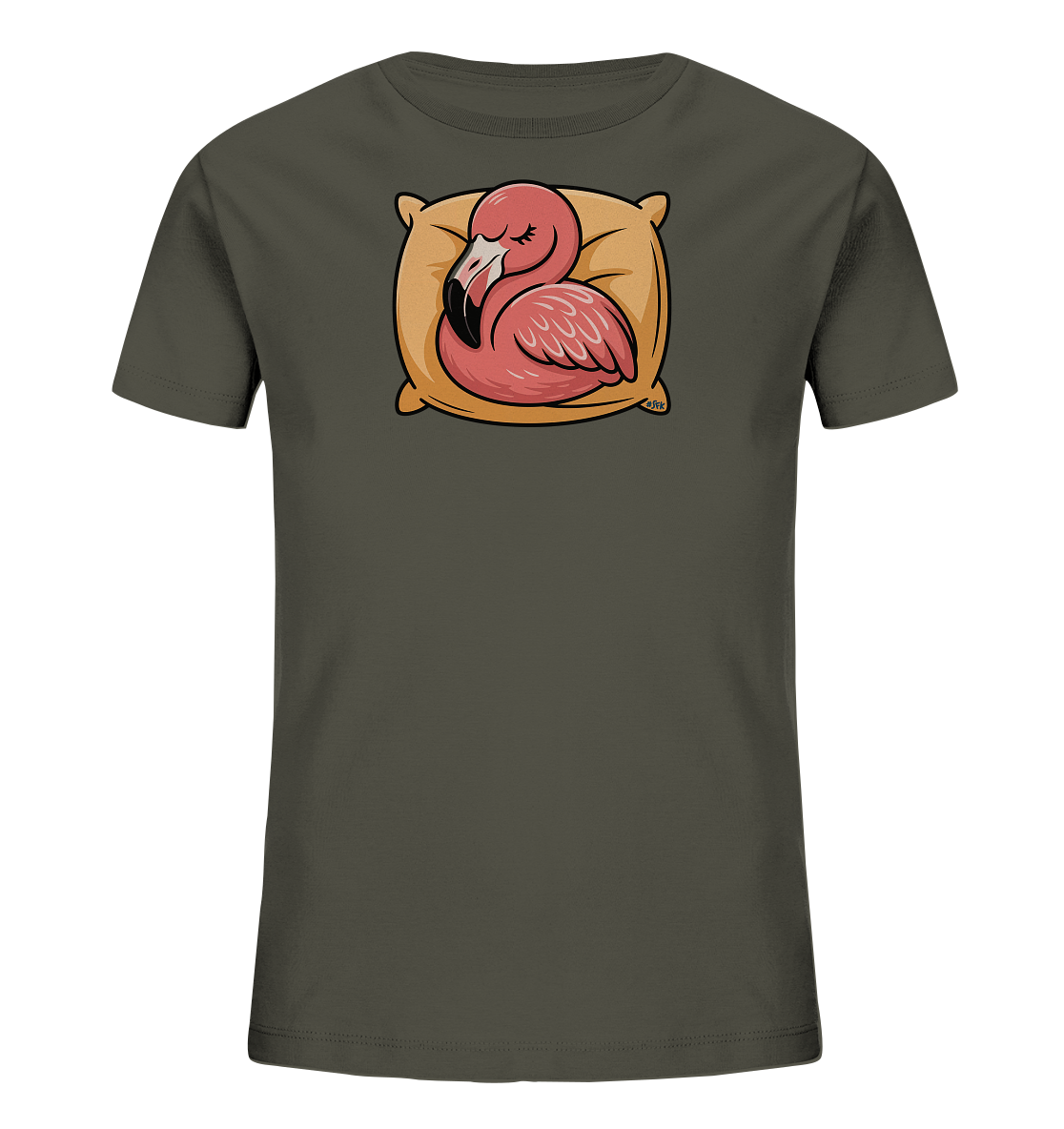 Onlineshop Shirts fuer Kinder - Das Bild zeigt ein dunkelgraues Kinder-T-Shirt mit einem niedlichen Motiv eines schlafenden Flamingos. Der rosa gefaerbte Flamingo liegt friedlich auf einem hellbraunen Kissen. Das Design vermittelt eine ruhige und gemuetliche Atmosphaere und ist ideal fuer Tierliebhaber.
