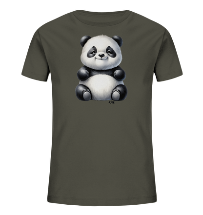 Kinder T-Shirt mit ein sitzender Panda mit schwarz-weißem Fell und freundlichem Lächeln
