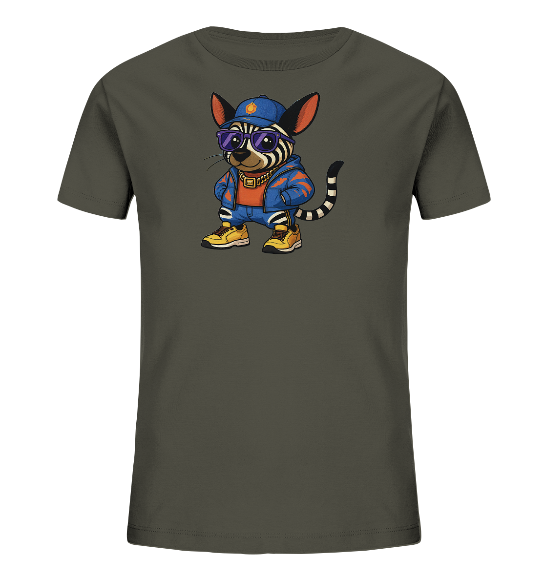Onlineshop Shirts fuer Kinder - Das Bild zeigt ein dunkelgraues Kinder-T-Shirt mit einem zentralen Motiv. Darauf ist ein gestreiftes, tieraehnliches Wesen in Hip-Hop-Kleidung abgebildet. Es traegt eine blaue Kappe, lila Sonnenbrille, eine Goldkette, eine blau-orange Jacke und gelbe Sneaker. Das Design verleiht dem Shirt einen modernen und individuellen Look.